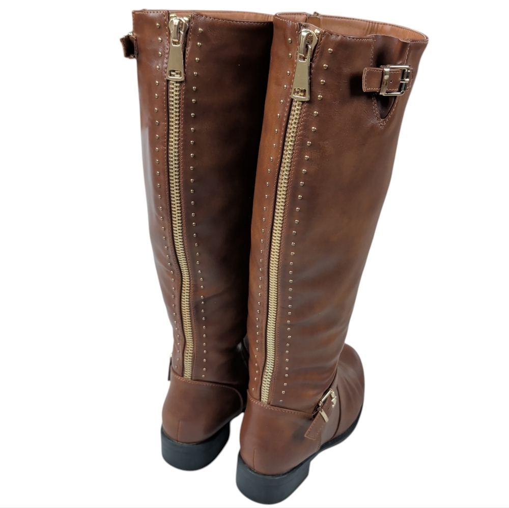 Dream Pairs Intruder-3 Stud Embellished Heeled Tall Boots 9.5 Brown Full Zipper - Picture 13 of 16